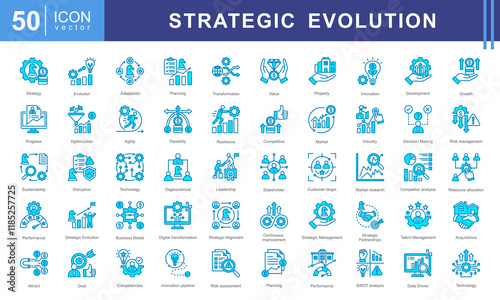 Strategic Evolution icon collection set. Containing growth, transformation, adaptation, change, progress, development, innovation icon. Simple vector illustration.