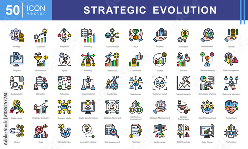 Strategic Evolution icon collection set. Containing growth, transformation, adaptation, change, progress, development, innovation icon. Simple vector illustration.