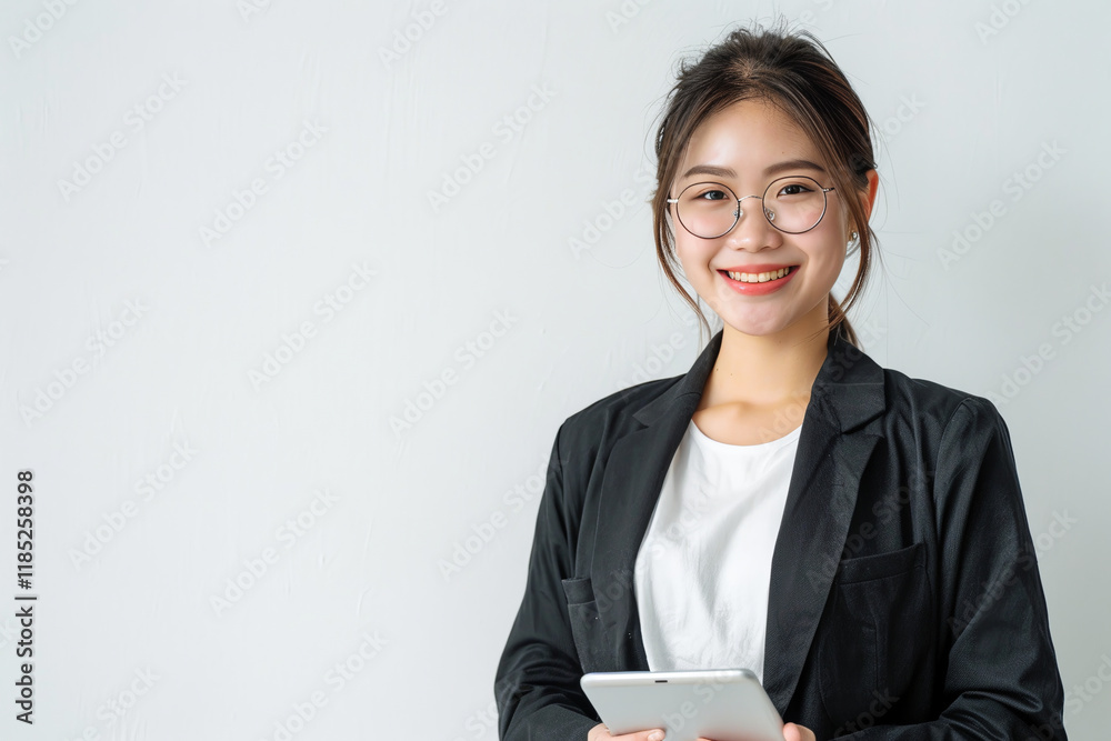 A young Asian woman, a company worker wearing glasses, is depicted smiling as she confidently holds a digital tablet A young Asian woman, a company worker wearing glasses, is depicted smiling as she confidently holds a digital tablet