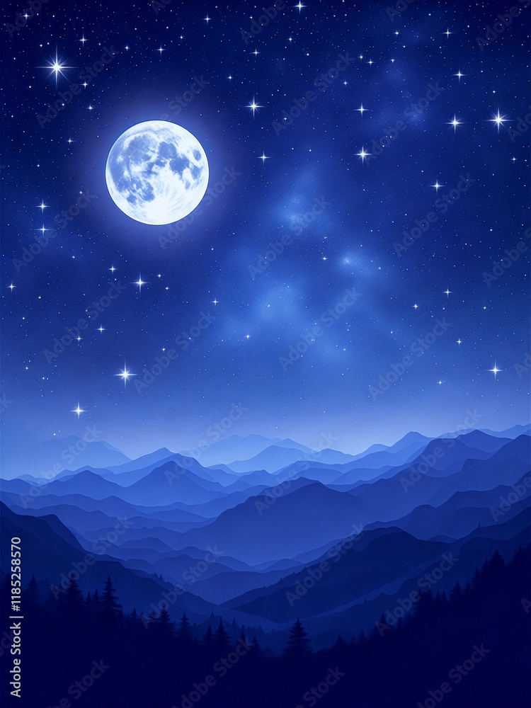 Full Moon Shining Brightly in a Starry Night Sky over Mountains Full Moon Shining Brightly in a Starry Night Sky over Mountains