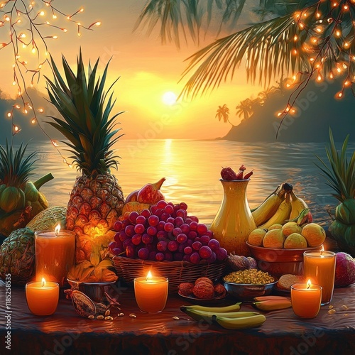 Tropical Fruits Still Life with Sunset Reflection on Water photo