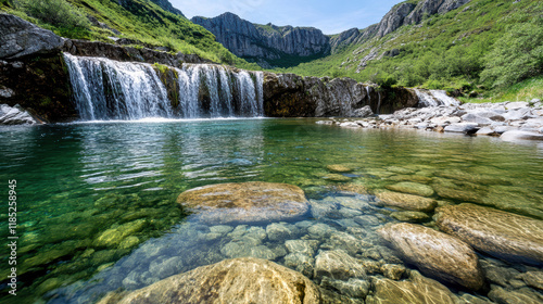 serene waterfall cascading into clear pool surrounded by rocks and greenery