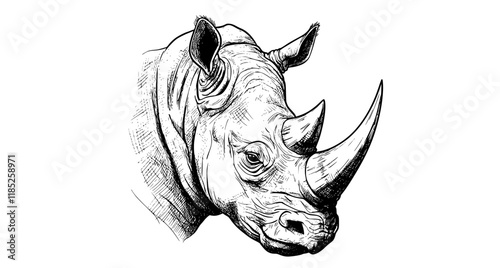 Rhinoceros. Graphic portrait of Northern white rhinoceros in sketch style on a white background. Digital vector graphics
