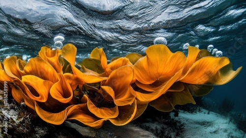 Vibrant orange kelp underwater with air bubbles. photo