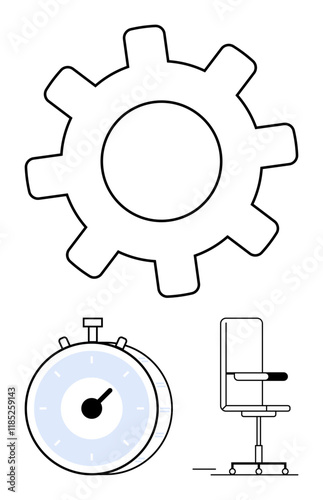 Gear for process, stopwatch for time tracking, and office chair for workspace productivity. Ideal for work optimization, business planning, time management, teamwork, efficiency, project deadlines