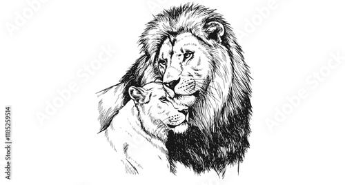 Leos. A lion embraces a lioness. Graphic, digital portrait of lions in love on a white background. Digital vector graphics.
