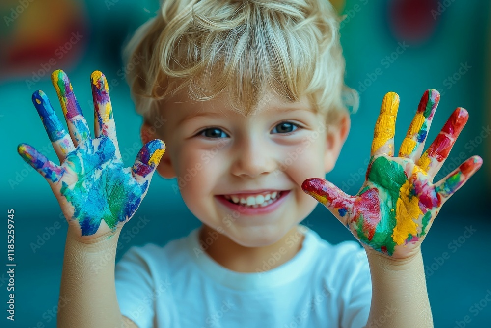 Young child is holding up his hands with colorful paint on them, smiling Young child is holding up his hands with colorful paint on them, smiling