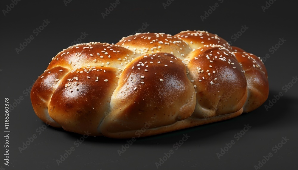 A freshly baked challah bread with sesame seeds on a black background. A freshly baked challah bread with sesame seeds on a black background.