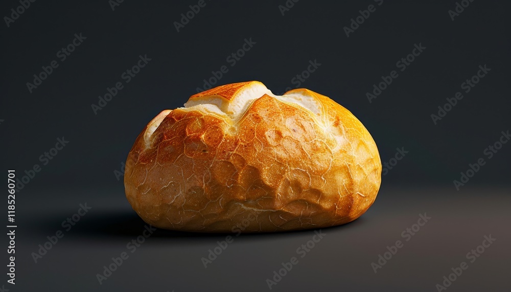 A single, fresh, golden brown bread roll with a crispy crust, isolated against a dark background. A single, fresh, golden brown bread roll with a crispy crust, isolated against a dark background.