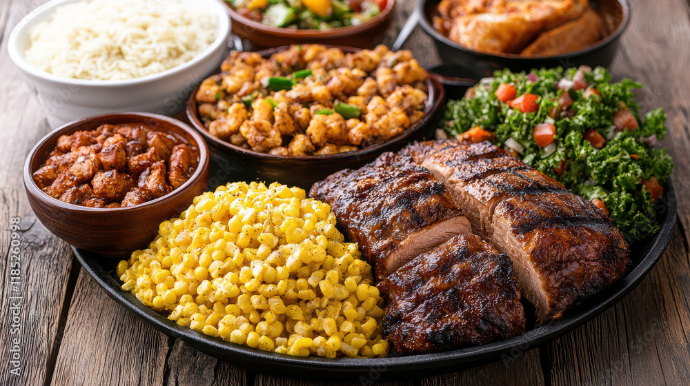 Obraz premium Delicious dinner platter featuring grilled meat, corn, and sides