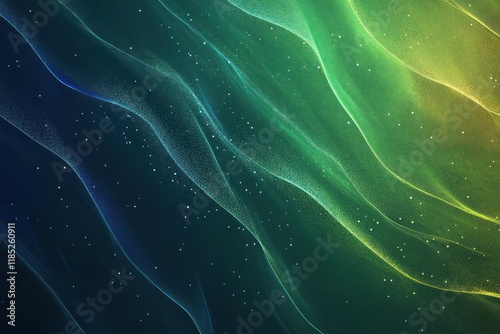 Abstract green and blue wave background with glowing particles.