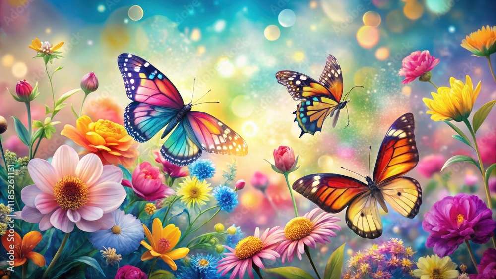 Abstract Geometric Background with Butterflies and Flowers in Bokeh Effect for Floral Home Decor, Packaging Designs, and Decorative Textures Abstract Geometric Background with Butterflies and Flowers in Bokeh Effect for Floral Home Decor, Packaging Designs, and Decorative Textures