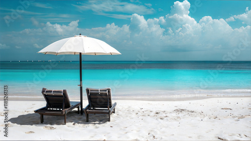 Tropical Beach Relaxation with White Umbrella and Lounge Chairs