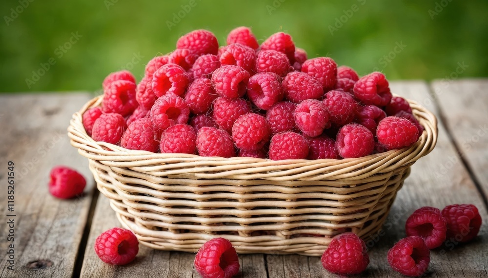 Fresh Raspberries in a Wicker Basket, Perfect for Food Photography Fresh Raspberries in a Wicker Basket, Perfect for Food Photography