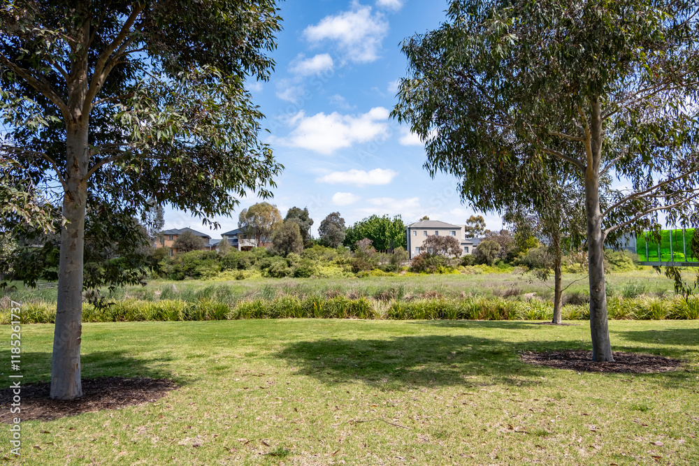 A well-maintained grass lawn with tree shade in a nature reserve or suburban neighborhood park in Australia, featuring a community outdoor green space with houses in the distance. Point Cook,Melbourne A well-maintained grass lawn with tree shade in a nature reserve or suburban neighborhood park in Australia, featuring a community outdoor green space with houses in the distance. Point Cook,Melbourne