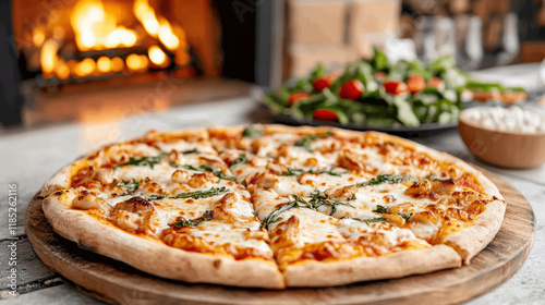 Wallpaper Mural Delicious pizza with fresh toppings, served beside cozy fireplace Torontodigital.ca