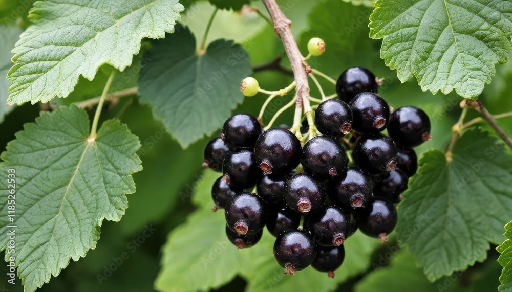 Close-up of a cluster of plump black currants on a branch. Close-up of a cluster of plump black currants on a branch.