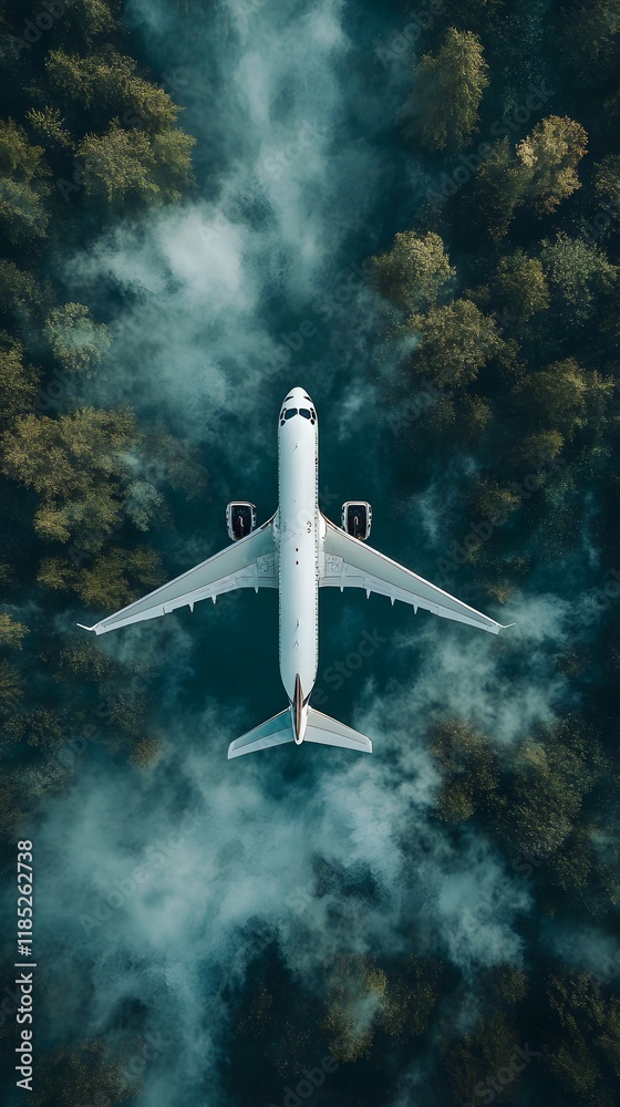 Fototapeta premium Aerial view of an airplane flying above a lush forest and misty surroundings.