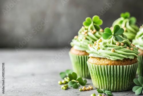Wallpaper Mural Delicious green cupcakes with shamrock decorations and gold sprinkles on festive table setting Torontodigital.ca