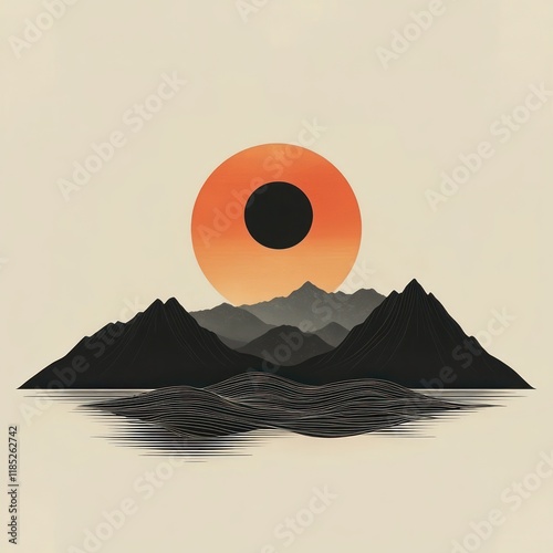 Minimalist Sunset Landscape Silhouette with Mountains and Waves photo