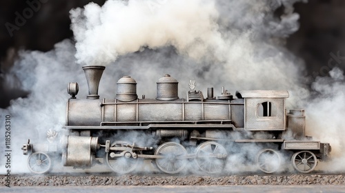 Vintage steam train model with billowing smoke. photo