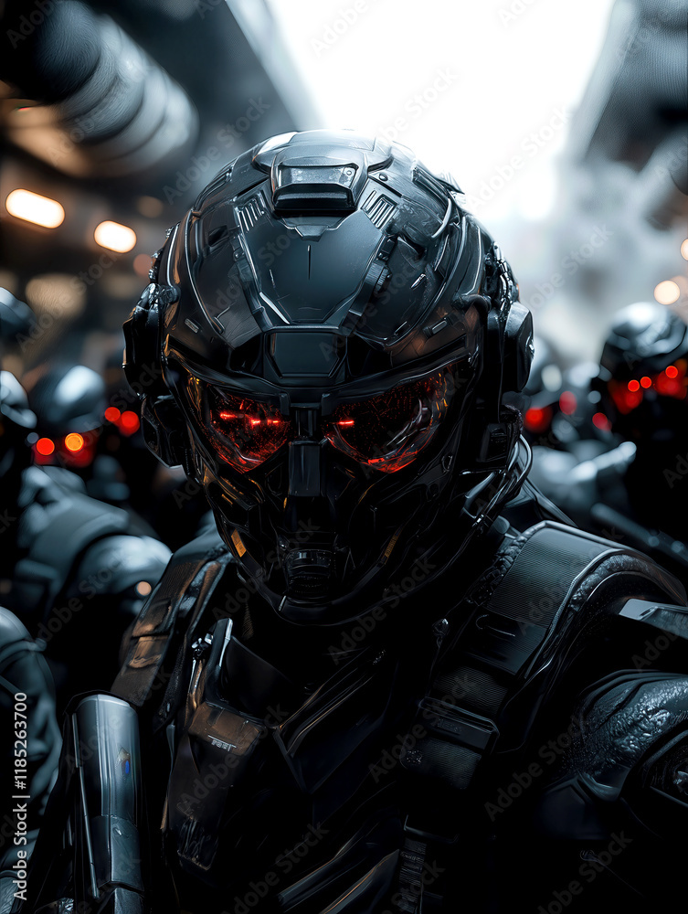 A group of futuristic soldiers, clad in sleek black armor with glowing red visors, stands ready for action in a shadowy, high-tech environment. The atmosphere is intense and foreboding. A group of futuristic soldiers, clad in sleek black armor with glowing red visors, stands ready for action in a shadowy, high-tech environment. The atmosphere is intense and foreboding.