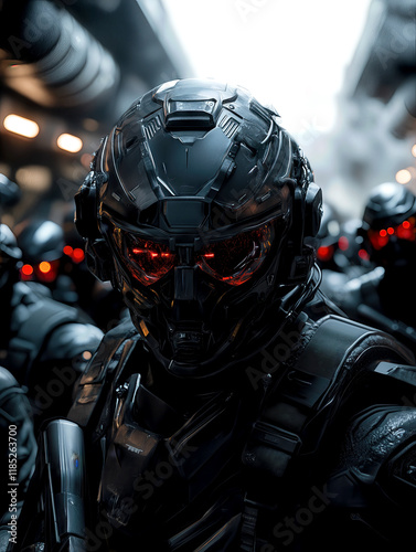 A group of futuristic soldiers, clad in sleek black armor with glowing red visors, stands ready for action in a shadowy, high-tech environment. The atmosphere is intense and foreboding. photo