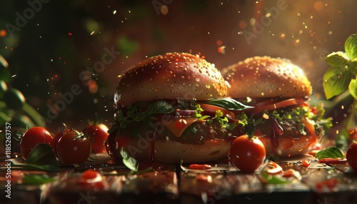 Two juicy hamburgers with fresh ingredients on a wooden table with scattered tomatoes and herbs.