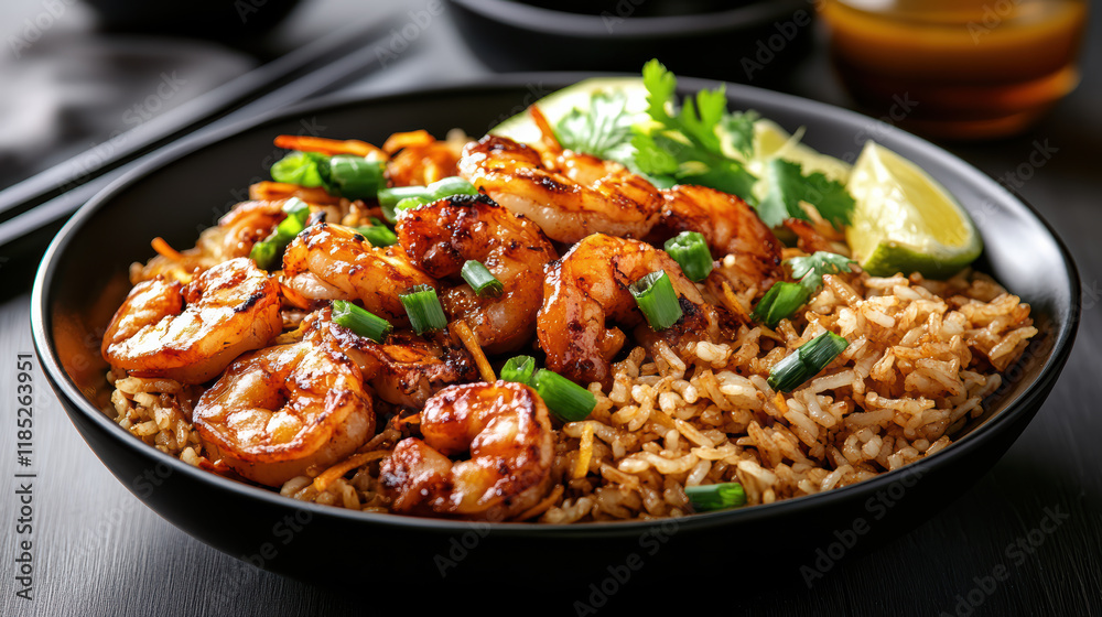 Delicious shrimp stir fry with rice, garnished with lime and herbs Delicious shrimp stir fry with rice, garnished with lime and herbs