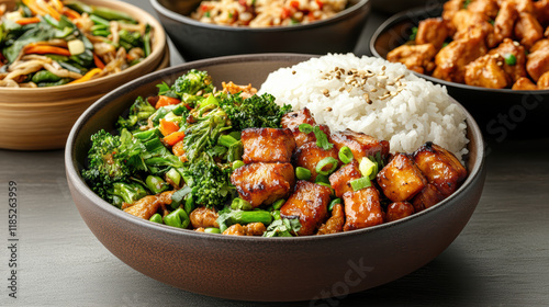 Delicious Asian dinner with rice, vegetables, and savory protein