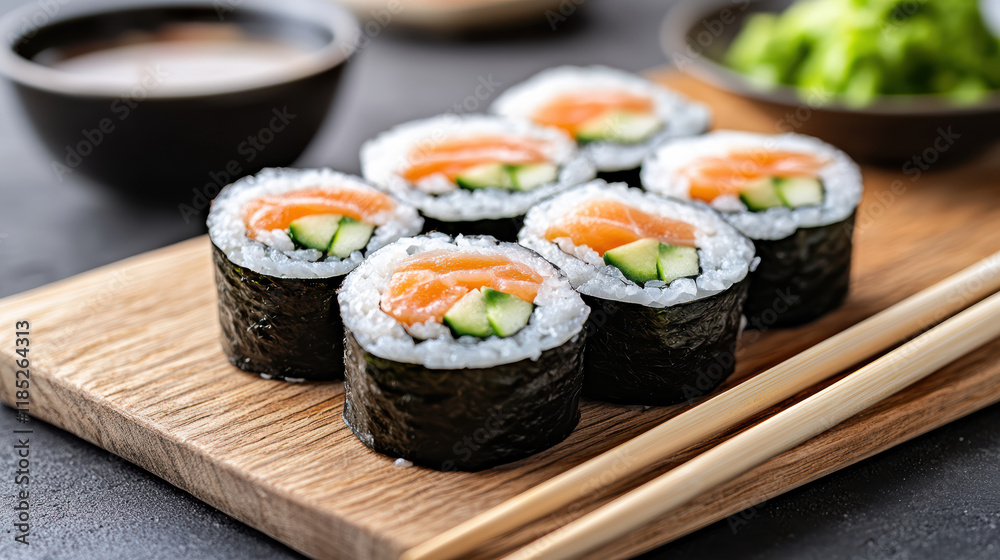 Fresh sushi rolls with salmon and cucumber on wooden board Fresh sushi rolls with salmon and cucumber on wooden board