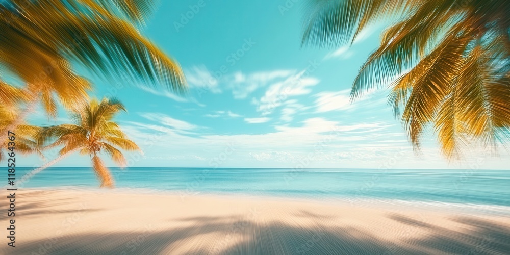 Summers Paradise A blurred background of a beautiful sandy beach with palm trees and a blue sky, a perfect summer vacation concept banner Summers Paradise A blurred background of a beautiful sandy beach with palm trees and a blue sky, a perfect summer vacation concept banner