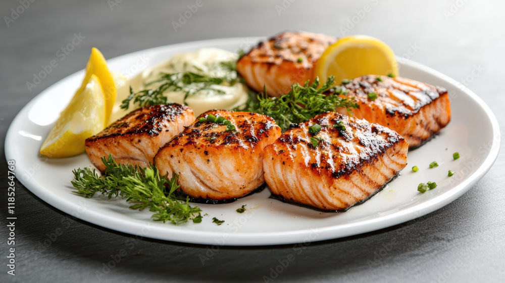 Grilled salmon fillets served with lemon and fresh herbs on plate Grilled salmon fillets served with lemon and fresh herbs on plate
