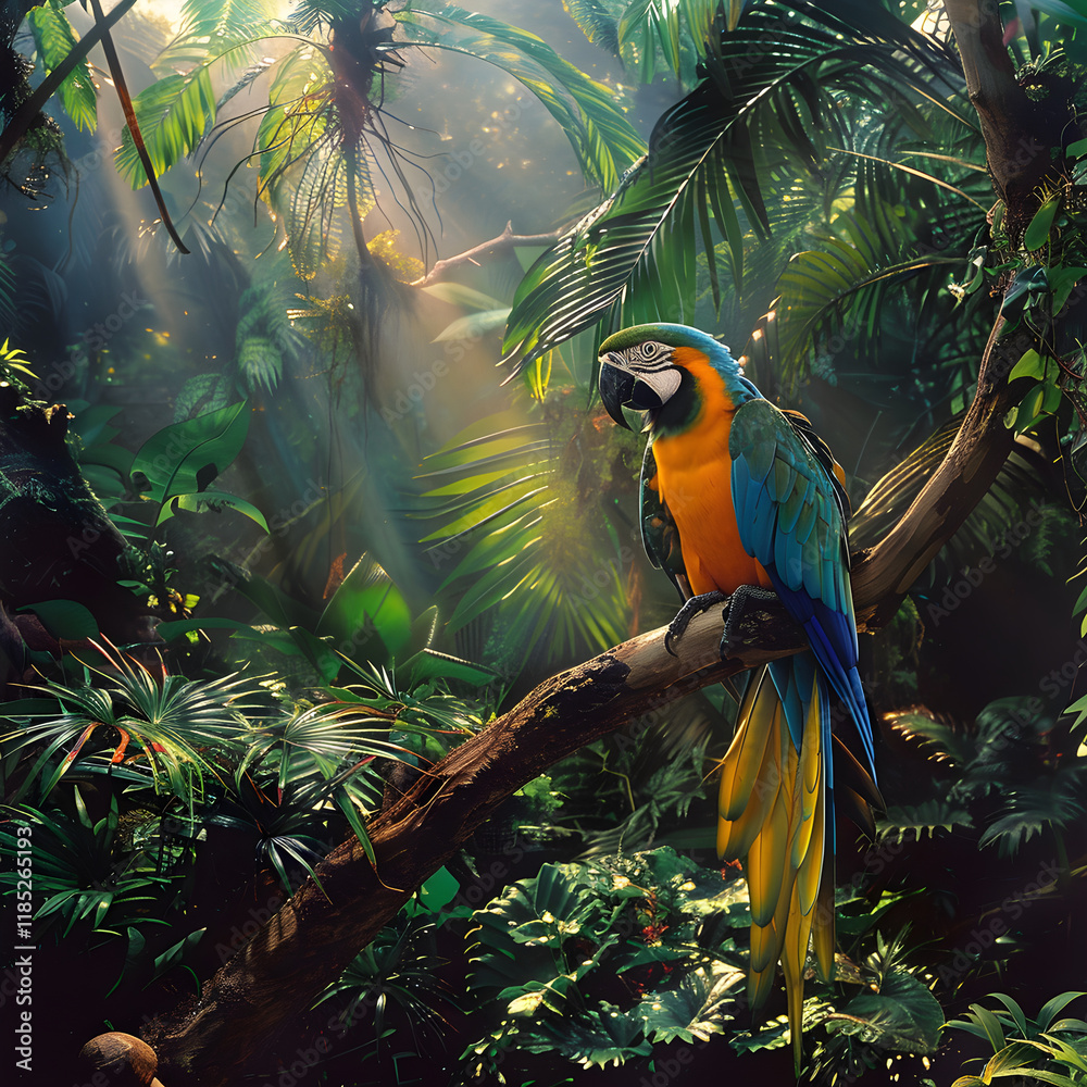 Vibrant Parrot Perched in a Tropical Rainforest Setting Vibrant Parrot Perched in a Tropical Rainforest Setting