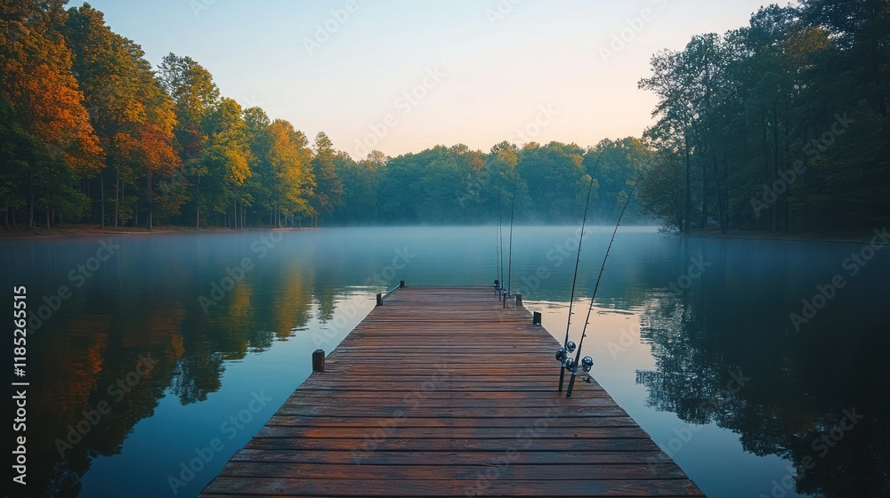 Fototapeta premium Serene sunrise over misty lake with fishing rods on dock.