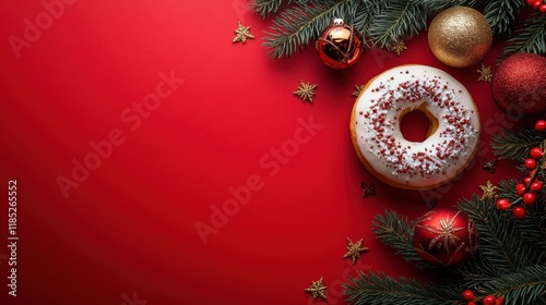 a donut with sprinkles and decorations on a red background