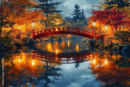 Autumn Night in Japanese Garden with Red Bridge Reflections Warm Lanterns and Colorful Maple Trees