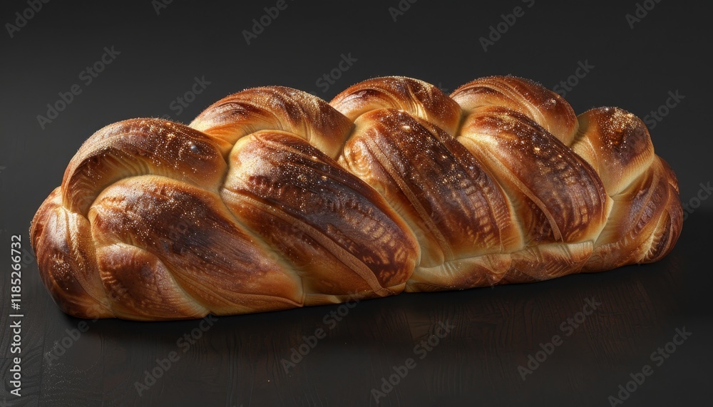 A freshly baked braided loaf of bread, golden brown with a flaky crust, sits on a dark surface. A freshly baked braided loaf of bread, golden brown with a flaky crust, sits on a dark surface.