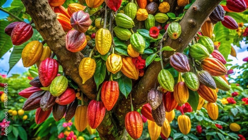 Cocoa Tree in Flower with Green Fruits in Xochistlahuaca, Guerrero - Urban Exploration of Chocolate Production photo