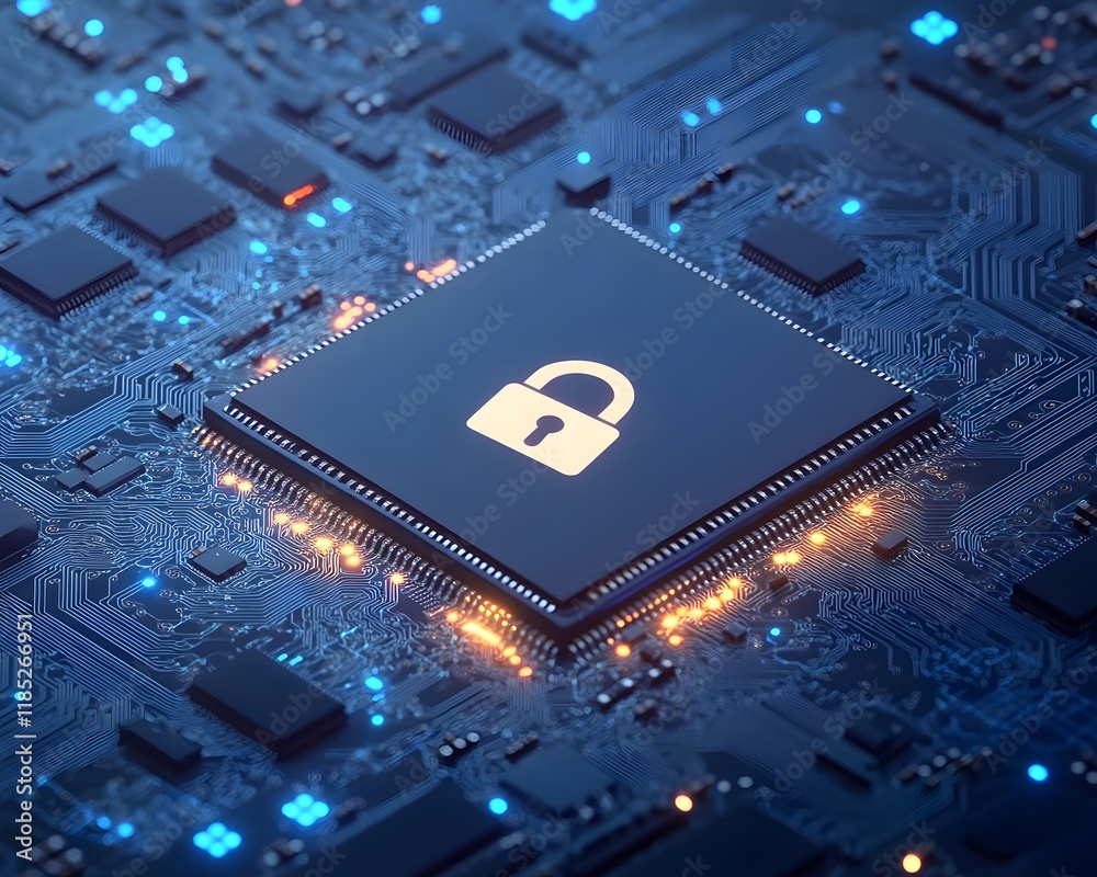 Fototapeta premium Padlock Icon on Computer Microchip