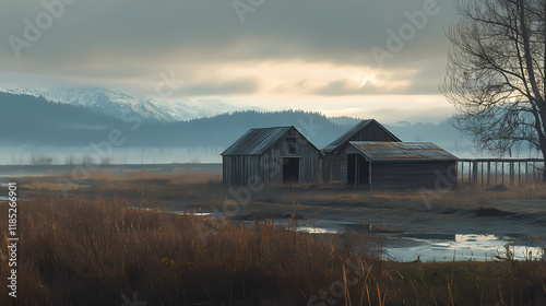 Rustic long exposure of finn slough sheds by the fraser river in richmond, british columbia. Stormstone. Illustration