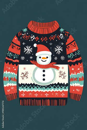 A festive sweater featuring a snowman and holiday motifs, perfect for winter celebrations.