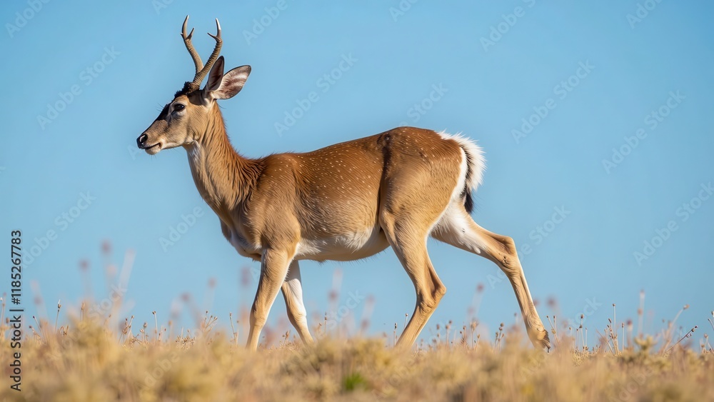 A majestic male Pekin antelope strides confidently across a lush green hillside, its sleek coat glistening in the sunlight as it gazes out with gentle curiosity