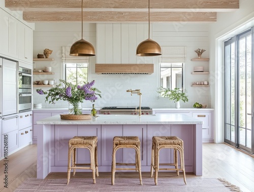 Lavender Kitchen Island With Wicker Stools And Wooden Beams