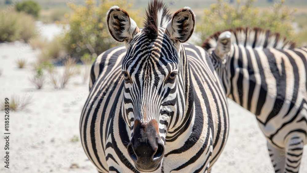 A majestic mountain zebra's face fills the frame, striking black and white stripes radiating from its forehead to nose tip A majestic mountain zebra's face fills the frame, striking black and white stripes radiating from its forehead to nose tip