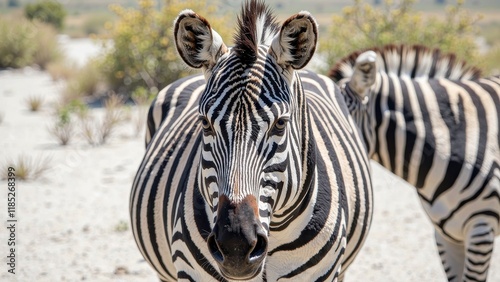 A majestic mountain zebra's face fills the frame, striking black and white stripes radiating from its forehead to nose tip photo