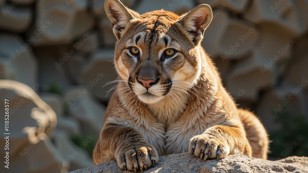 Obraz premium A majestic mountain lion basks in the warm sunlight on a rocky outcropping, its tawny fur glistening with a serene expression, set against a blurred backdrop of rugged terrain