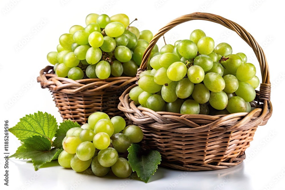 Crisp green grapes fill rustic baskets, isolated on white.  High-resolution stock photo perfect for food blogs.