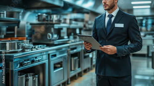 Professional restaurant inspector in a suit conducting a kitchen inspection with a tablet in a modern kitchen