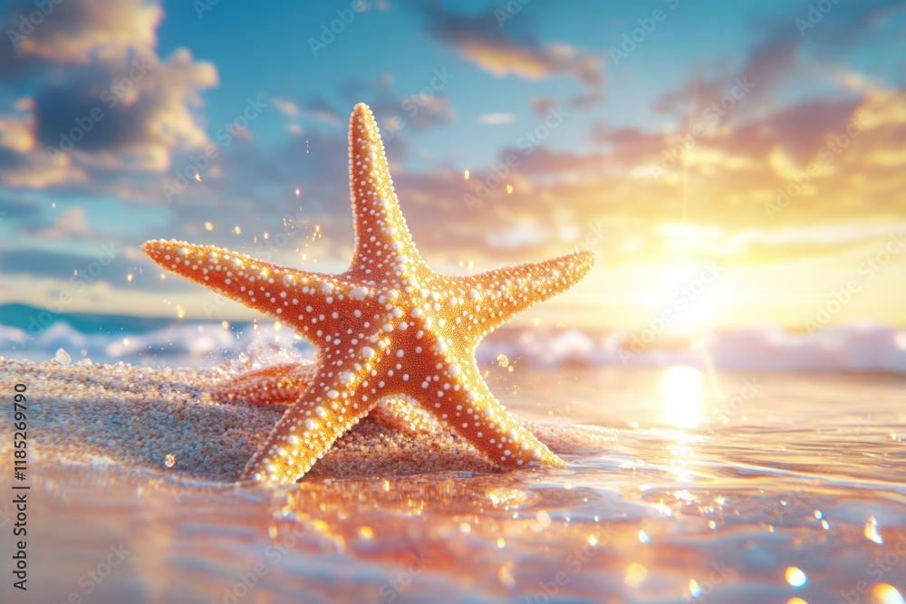 Sunset Serenity: Starfish on Tropical Beach Sand Sunset Serenity: Starfish on Tropical Beach Sand